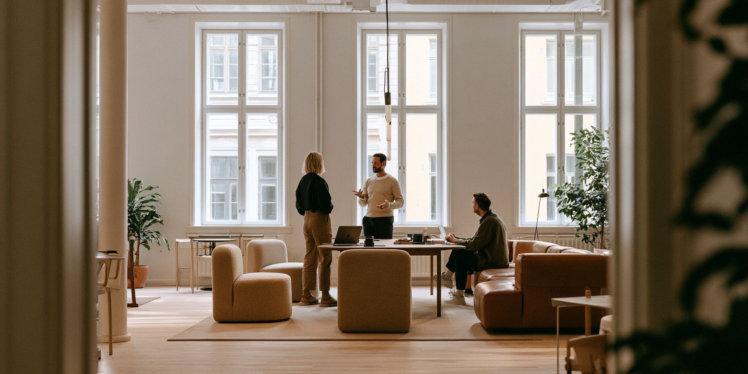 AI-generated image. Hero photograph a Helsinki startup floor, three or four people mid-conversation around a table. Warm daylight